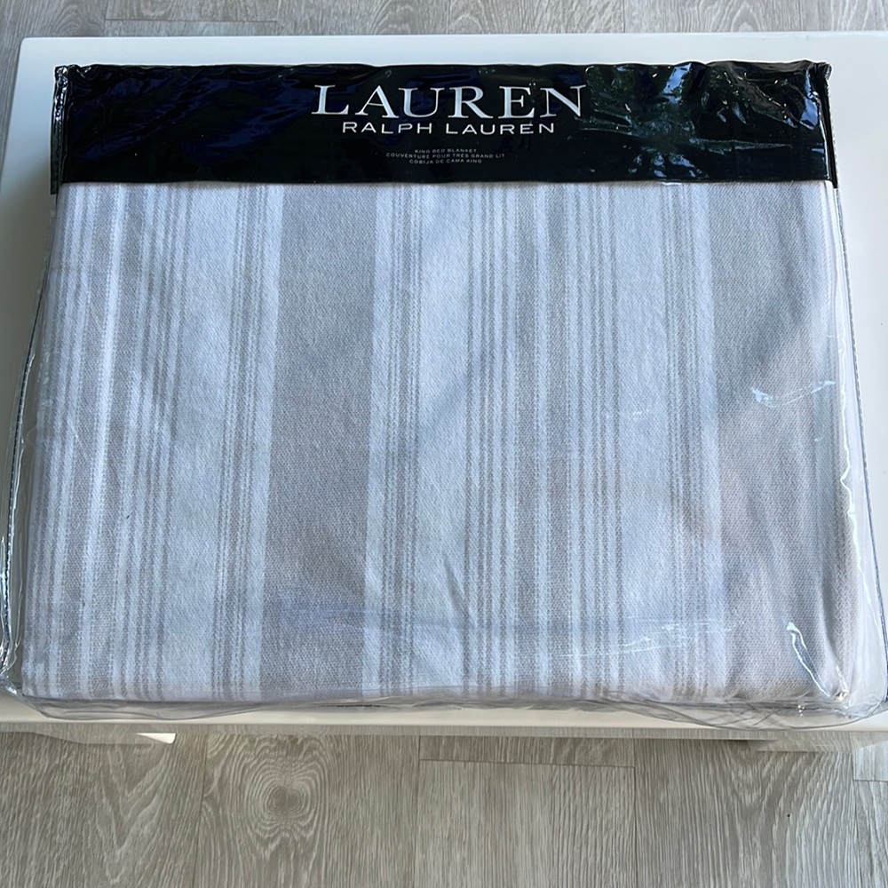 New Ralph Lauren Carolyne Gray White Stripe Blanket. King Size. $420.